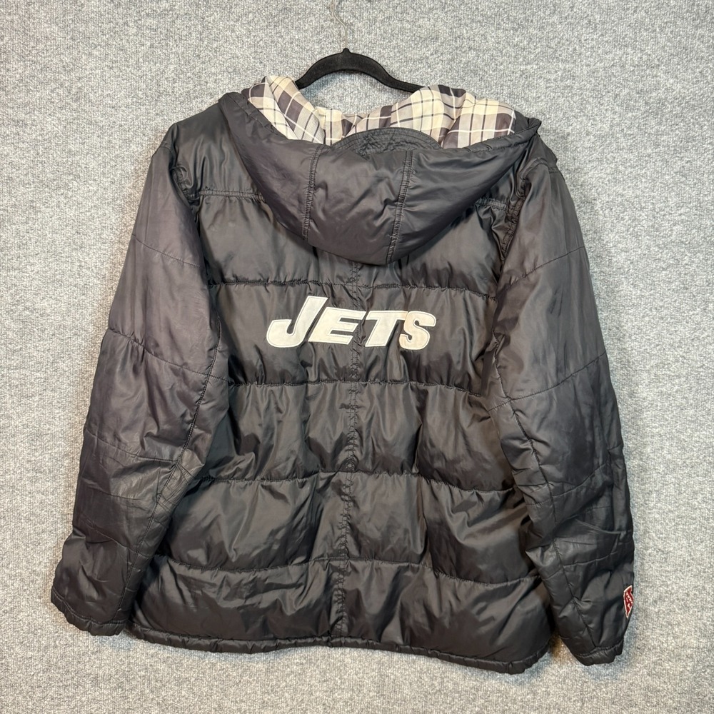 NFL New York Jets Puffer Jacket Mens XL Black Y2K Hooded Fleece Lined Pro Line